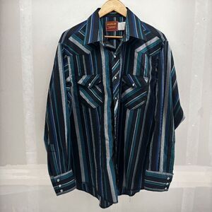 Vintage Rustler Shirt Mens L Striped Western Pearl Snap X-Long Tails 90s